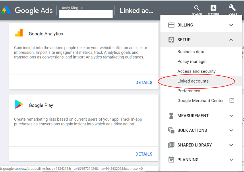 Linking Google Analytics into Google Ads