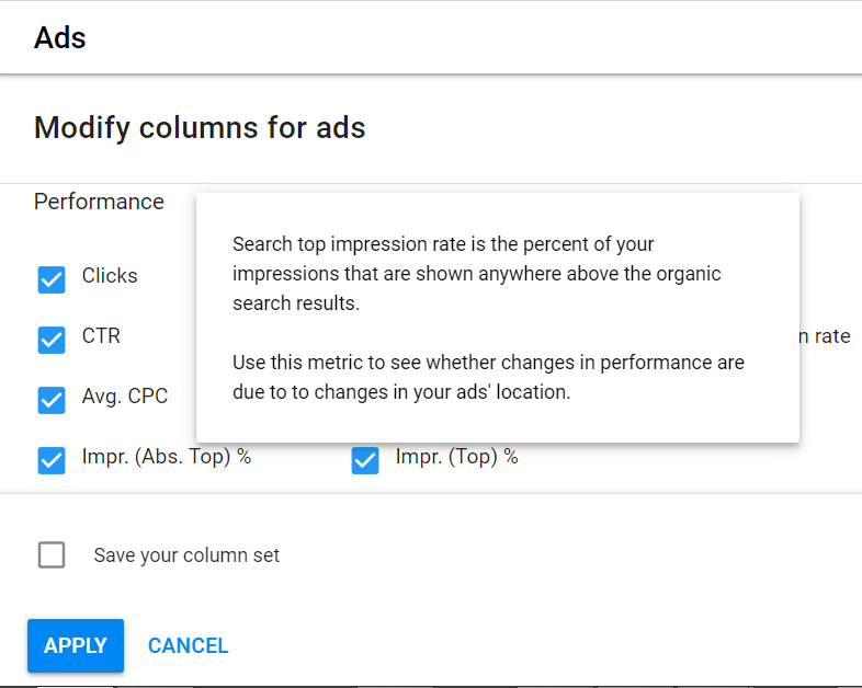 Turning on Impressions Top and Impressions Absolute Top