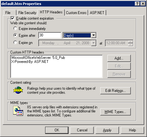 setting content expiration in IIS manager