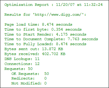 pagetest optimization report summary