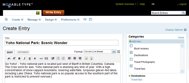 creating an entry with categories in movable type