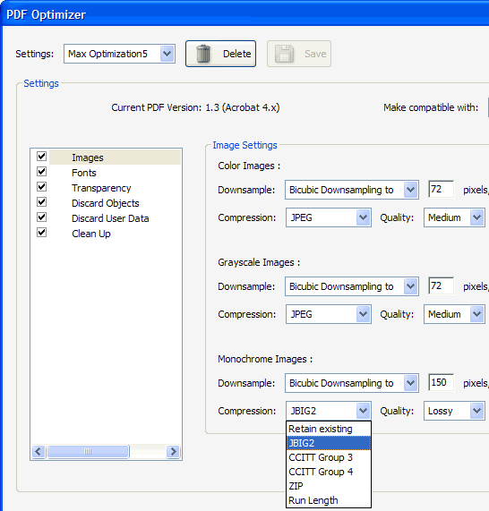 optimizing image settings dialog acrobat 8