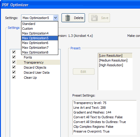 transparency settings dialog acrobat 8